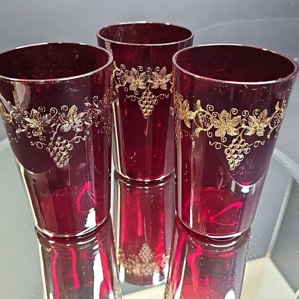 Ruby Red Cranberry Water Cups Etched Grapes Vintage READ